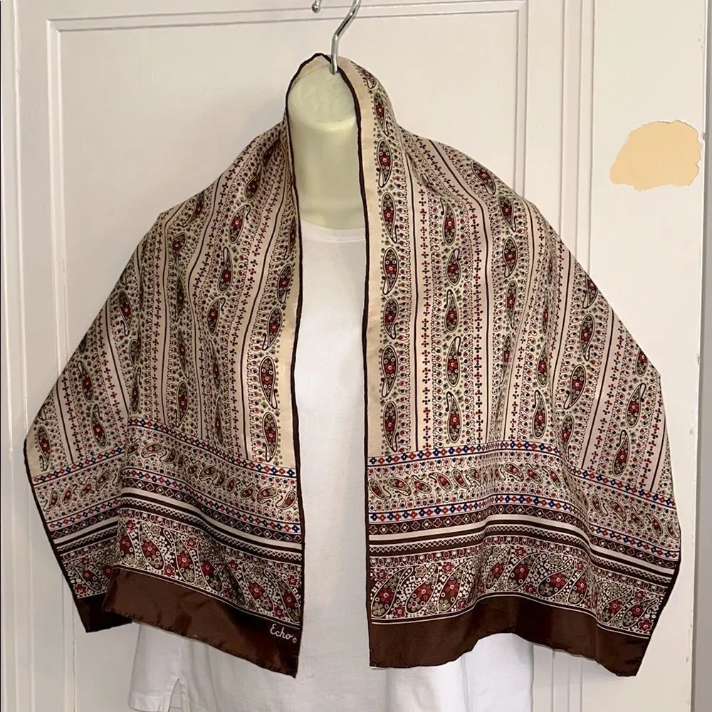 Vintage 60s/70 Echo‎ Paisley Brown,Cream, Green & Blue Long Chinon/Silk Scarf